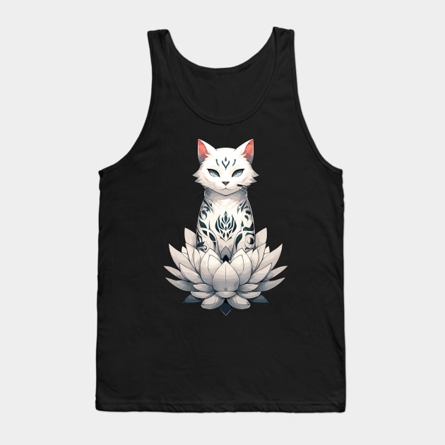 White cat with flower tattoo in lotus Tank Top by TomFrontierArt